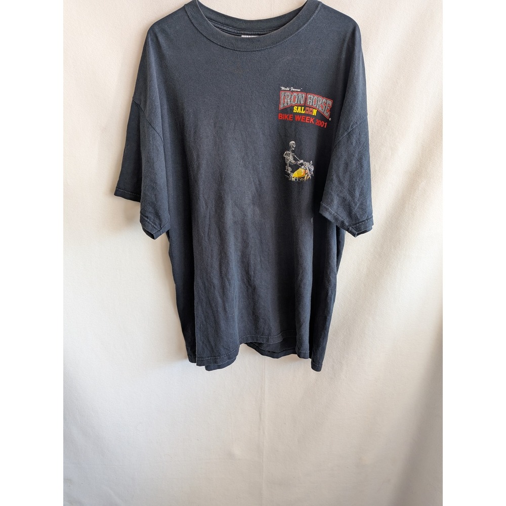 Vintage 2001 Iron Horse Saloon Bike Week T-Shirt Anvil XL Black Biker Skeleton